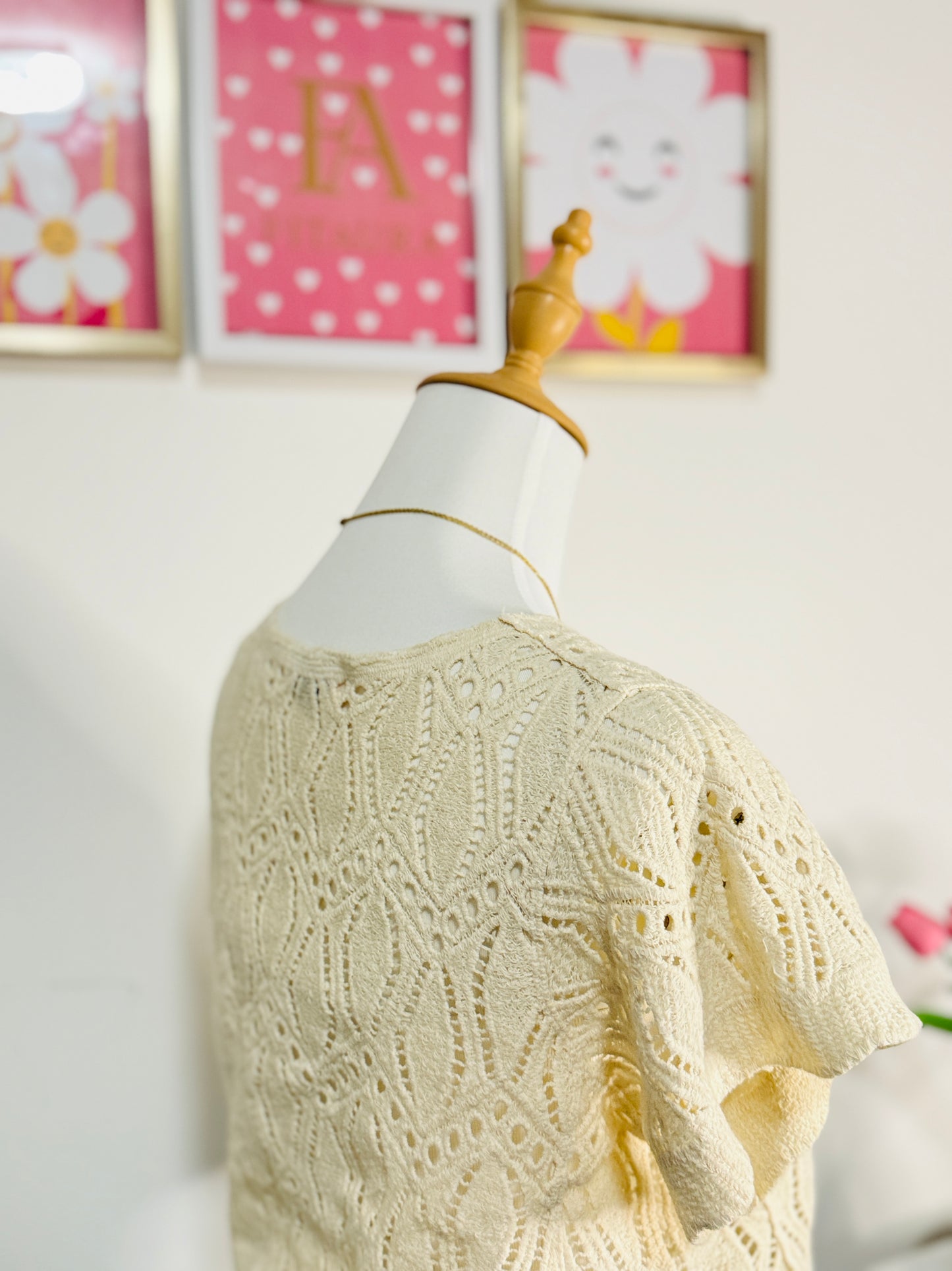 Cream Knit Button-Down Crochet Top