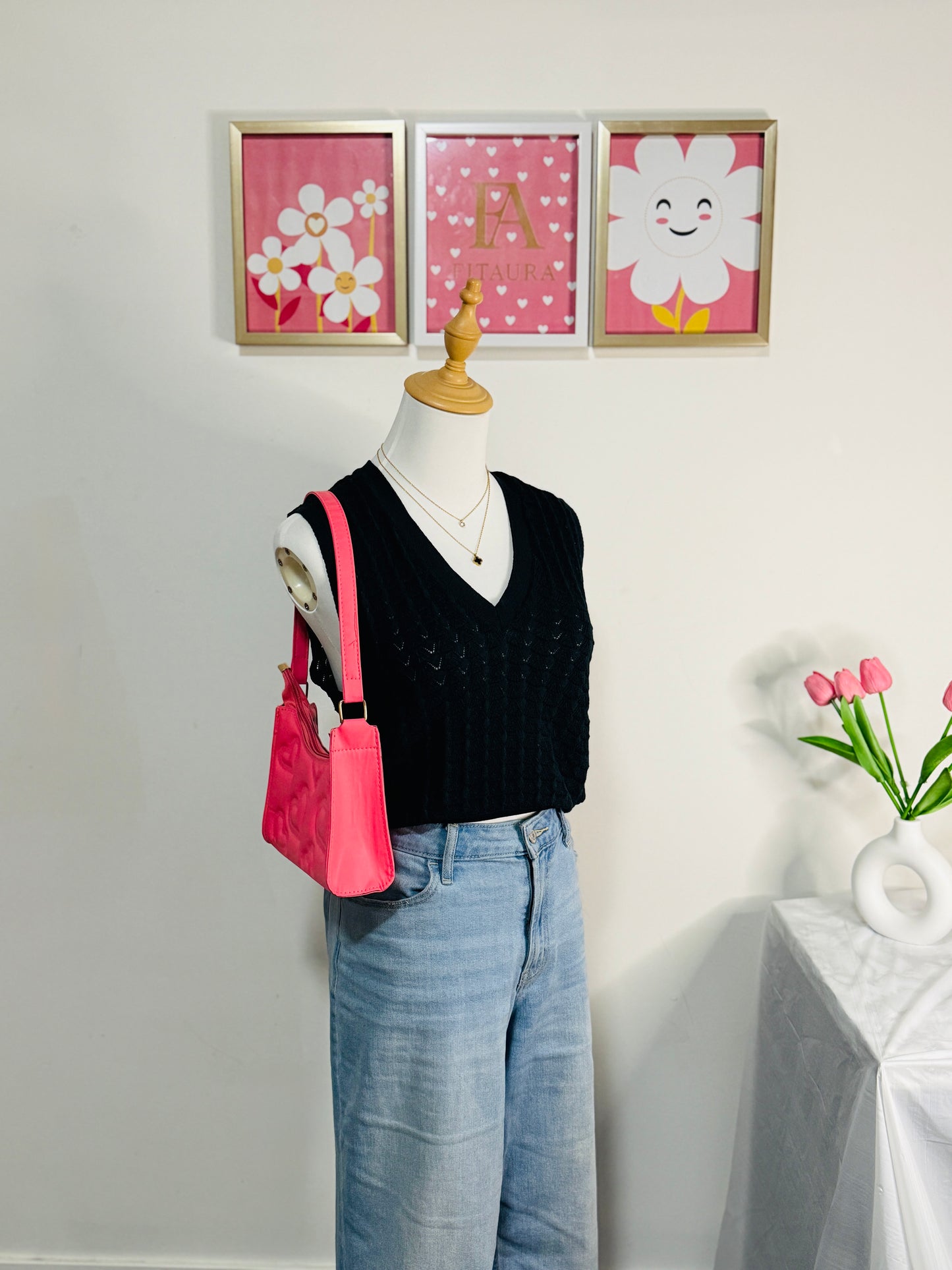 Black Sleeveless Knit V-Neck Top