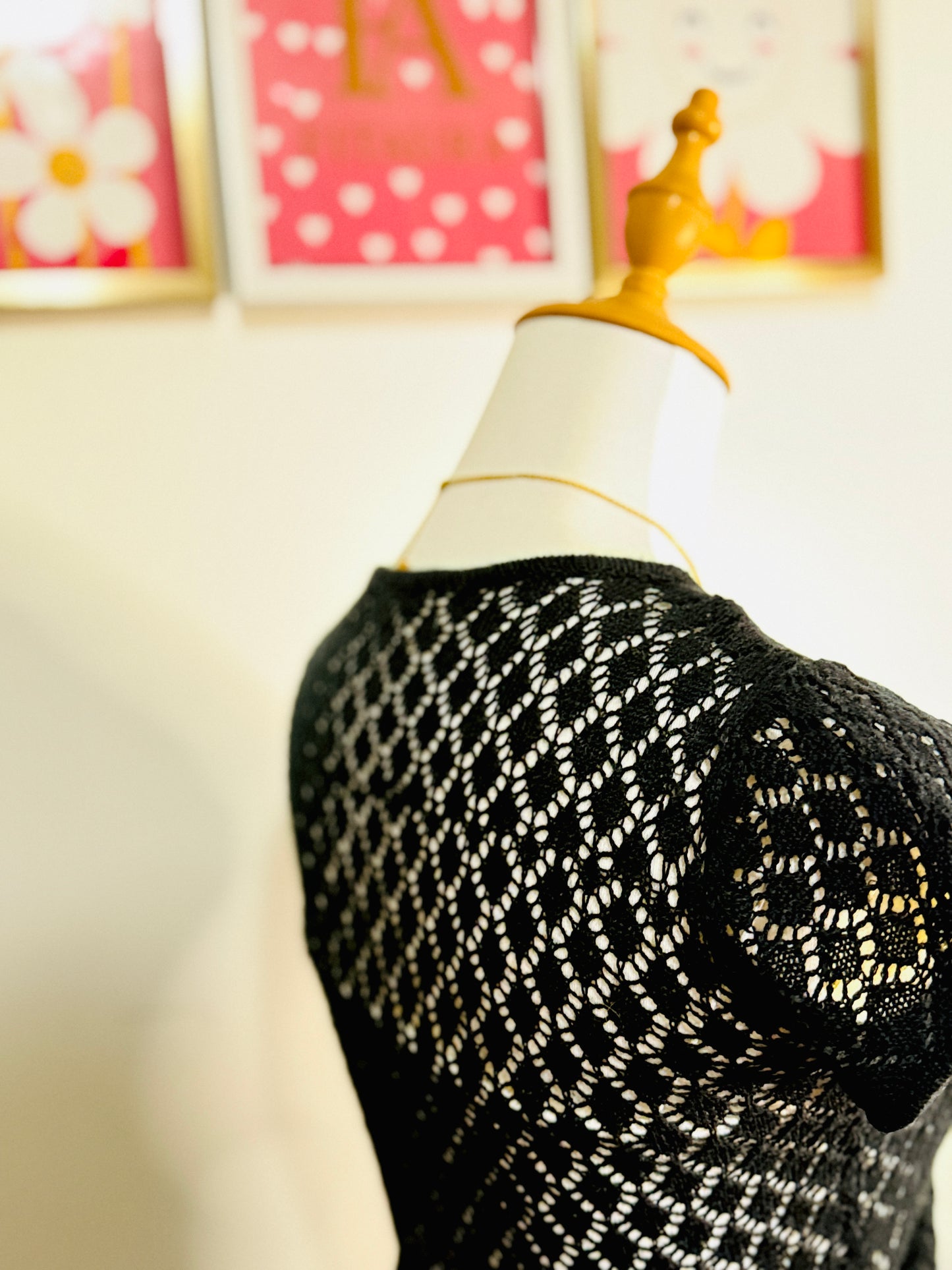 Black Knit V-Neck Crochet Top