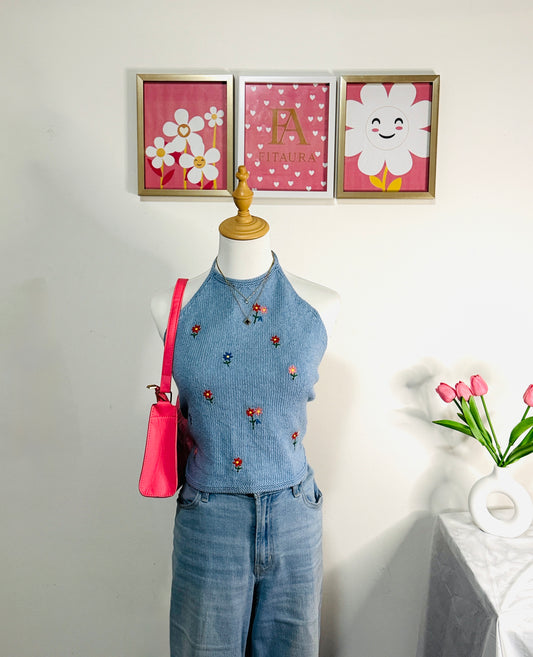 Blue Floral Knit Halter Top