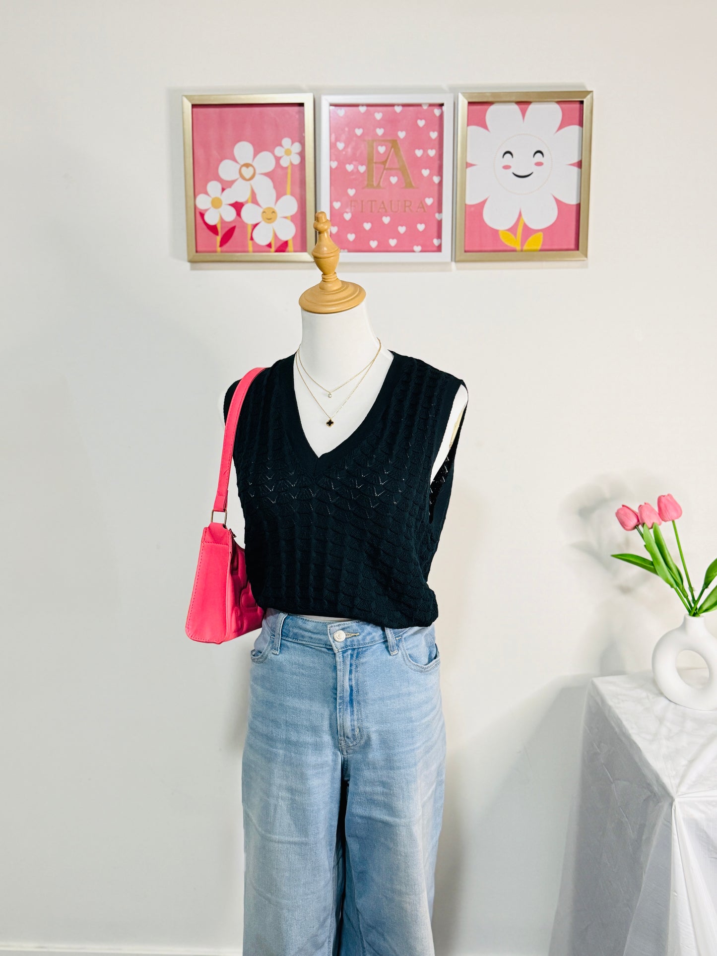Black Sleeveless Knit V-Neck Top