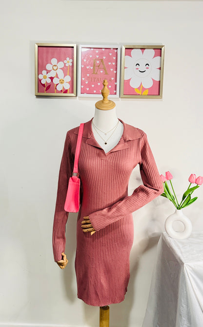 Ribbed Knit Polo Dress – Rosewood