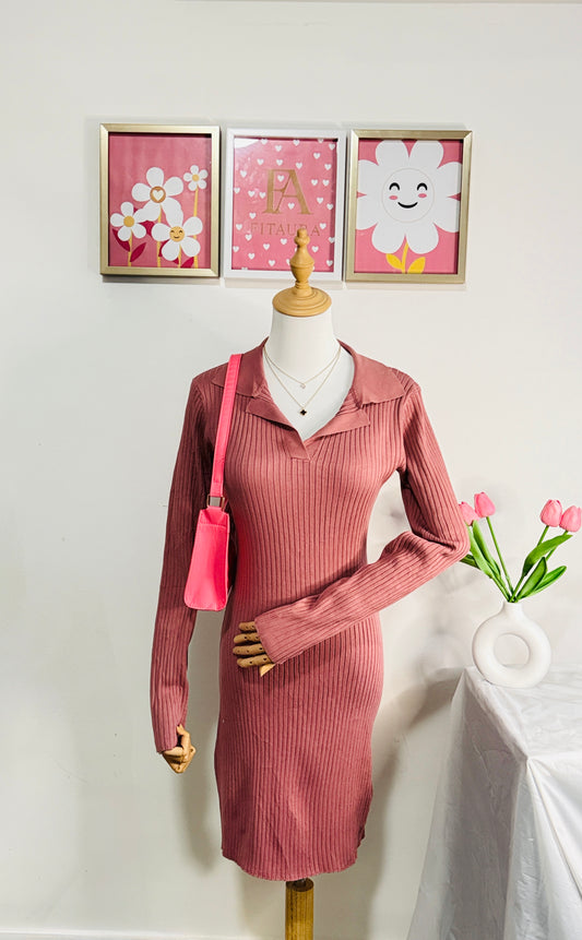Ribbed Knit Polo Dress – Rosewood
