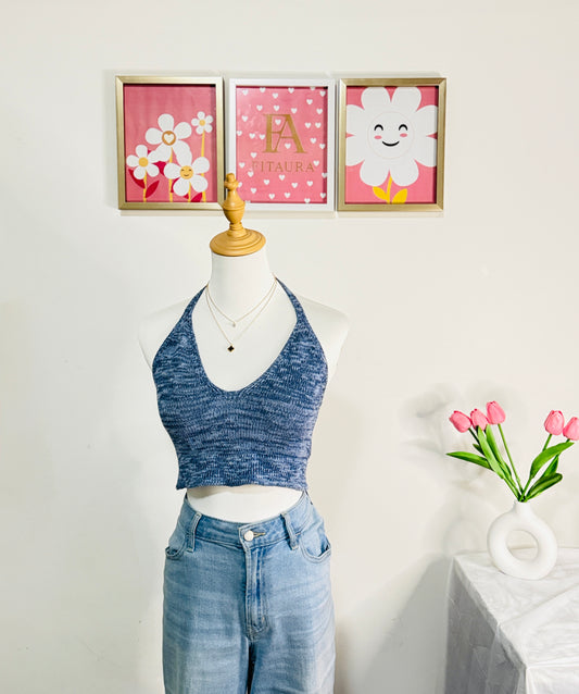 Indigo Knit Halter Crop Top