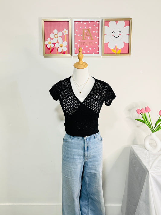 Black Knit V-Neck Crochet Top
