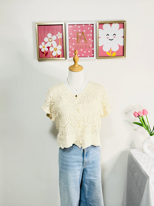 Cream Knit Button-Down Crochet Top