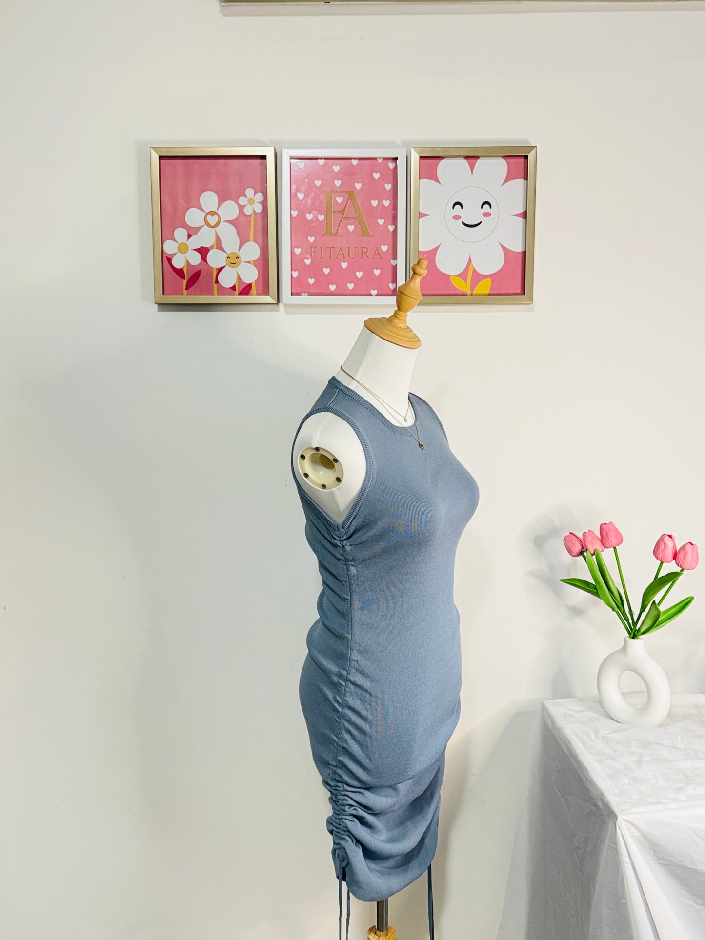 Blue Ruched Tank Dress